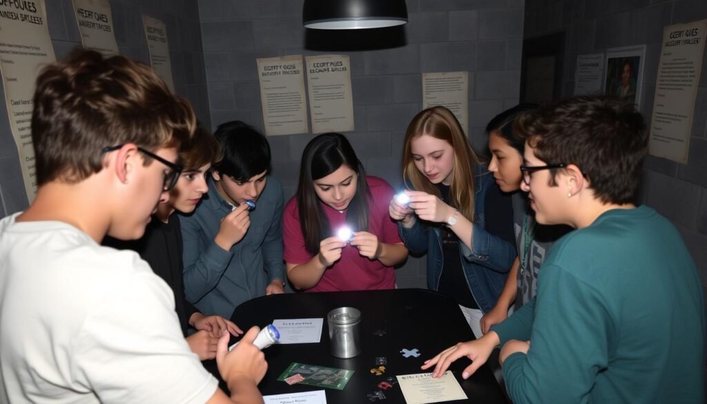 Teens working together to solve puzzles in an escape room for a birthday party