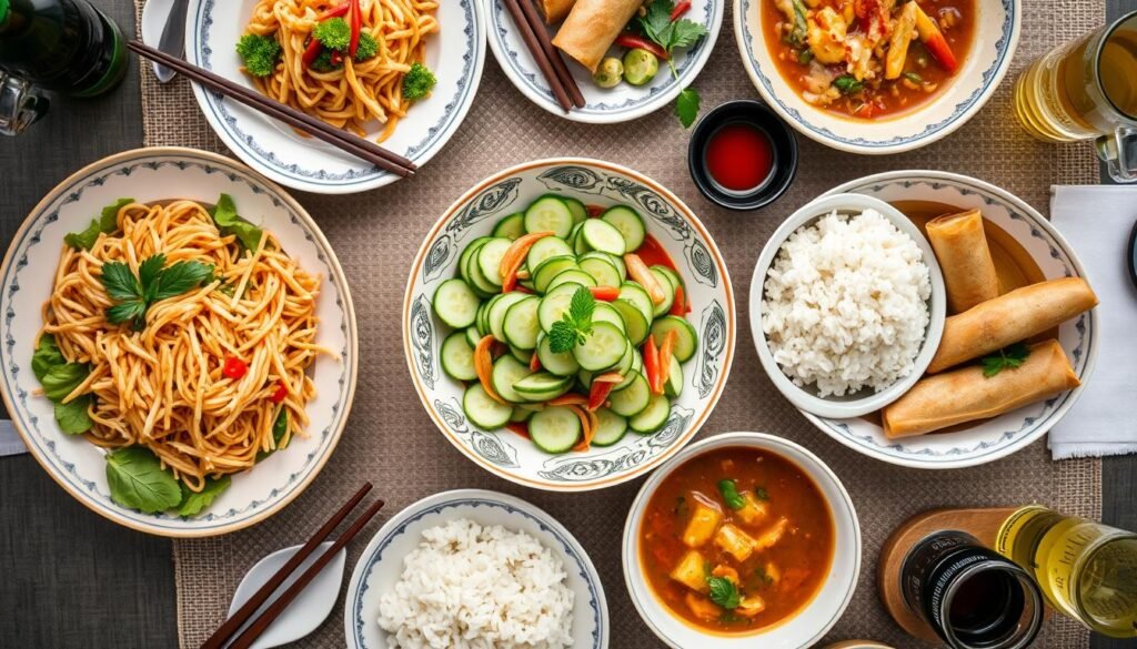 Thai cucumber salad as part of a complete Thai meal spread