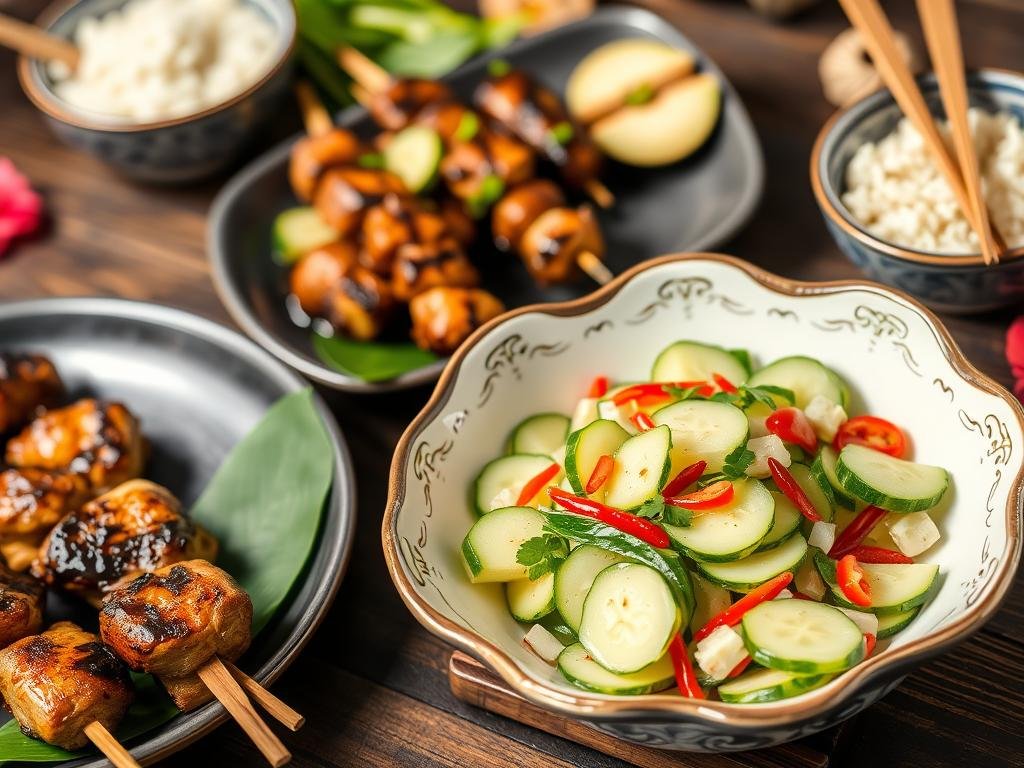 Thai cucumber salad served alongside grilled meat and rice