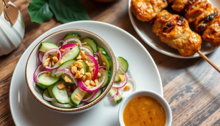Thai cucumber salad served alongside traditional chicken satay with peanut sauce