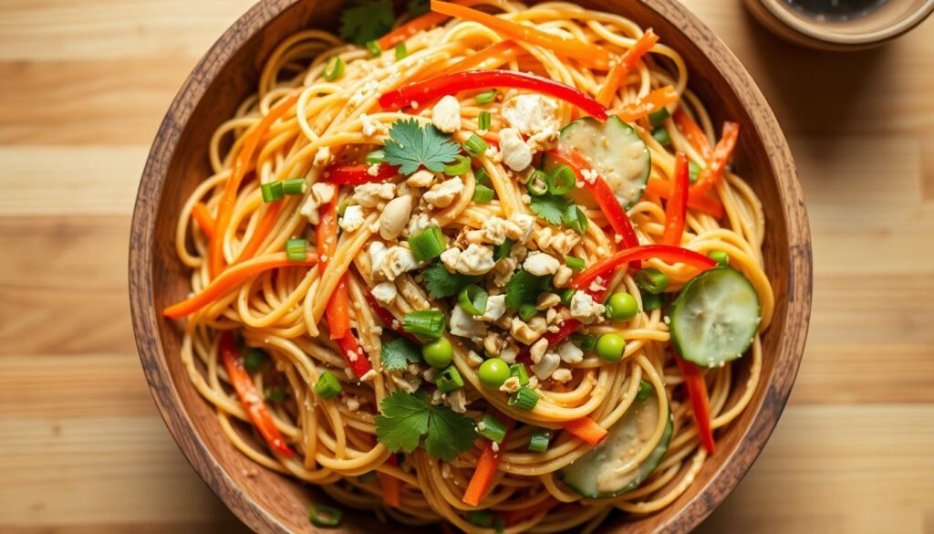 Thai peanut noodle salad with colorful vegetables and creamy peanut dressing Thai peanut noodle salad with colorful vegetables and creamy peanut dressing