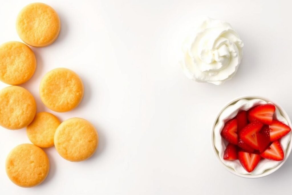 The three components of mini strawberry shortcake laid out separately - cake bases, sliced strawberries, and whipped cream The three components of mini strawberry shortcake laid out separately - cake bases, sliced strawberries, and whipped cream