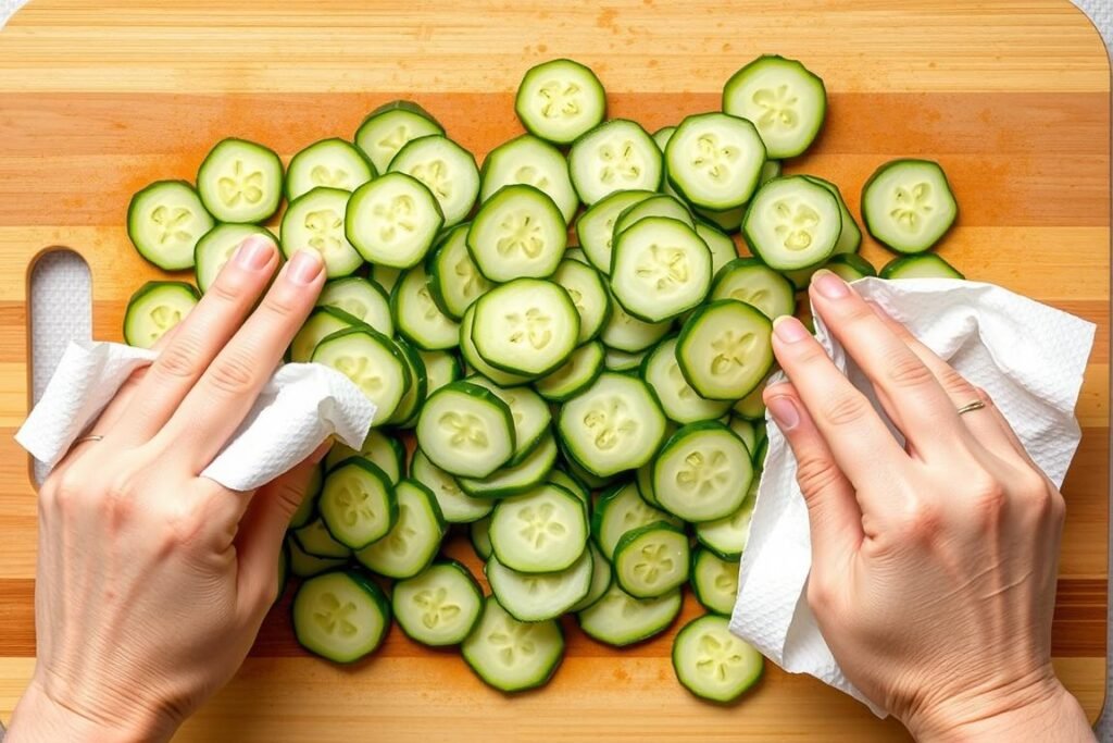 Thinly sliced cucumbers being patted dry with paper towels