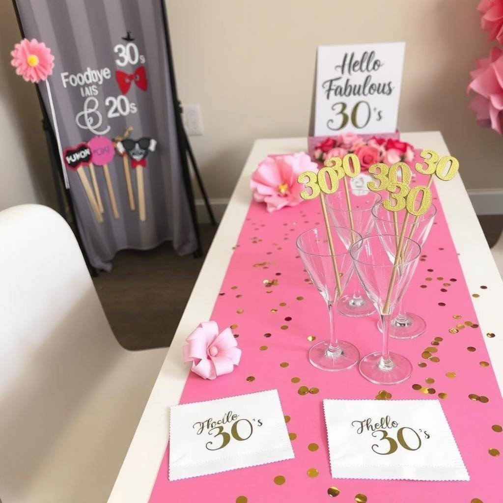Thirty, Flirty & Thriving themed table setting with photo props and cocktails Thirty, Flirty & Thriving themed table setting with photo props and cocktails