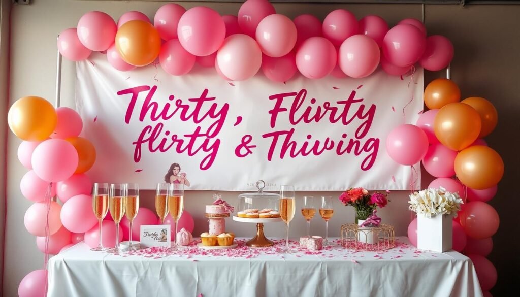 Thirty, Flirty and Thriving themed party decorations with pink and gold elements Thirty, Flirty and Thriving themed party decorations with pink and gold elements