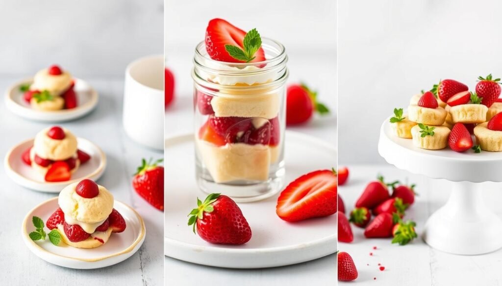 Three different presentation styles for mini strawberry shortcakes - individual servings, mason jars, and a dessert platter Three different presentation styles for mini strawberry shortcakes - individual servings, mason jars, and a dessert platter