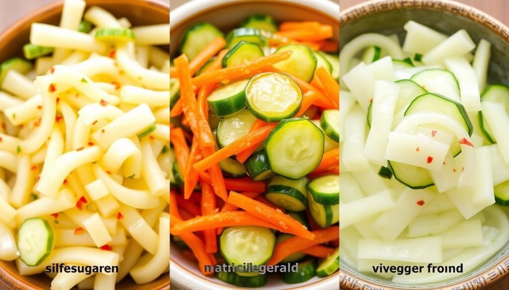 Three different styles of korean cucumber salad showing regional variations