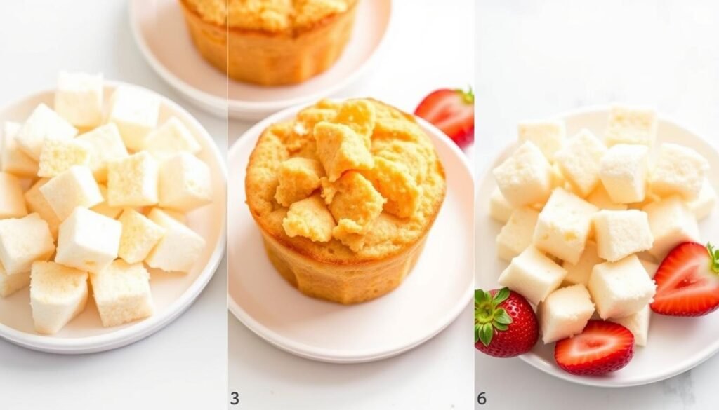 Three different types of cake bases for strawberry shortcake cups: angel food cake, pound cake, and vanilla cake Three different types of cake bases for strawberry shortcake cups: angel food cake, pound cake, and vanilla cake
