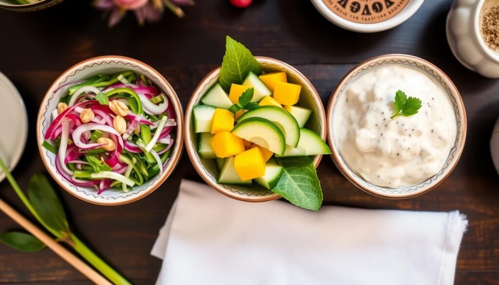 Three different variations of Thai cucumber salad side by side
