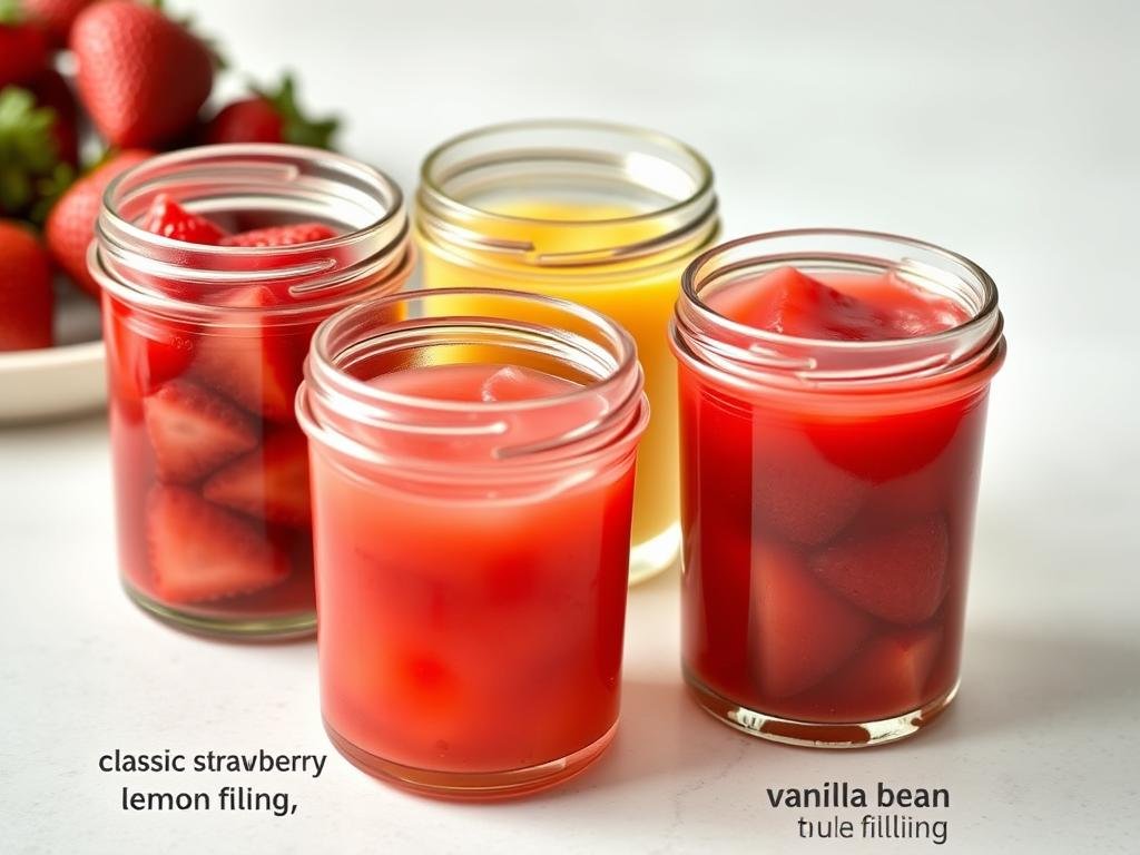 Three different variations of strawberry cake filling in glass jars Three different variations of strawberry cake filling in glass jars