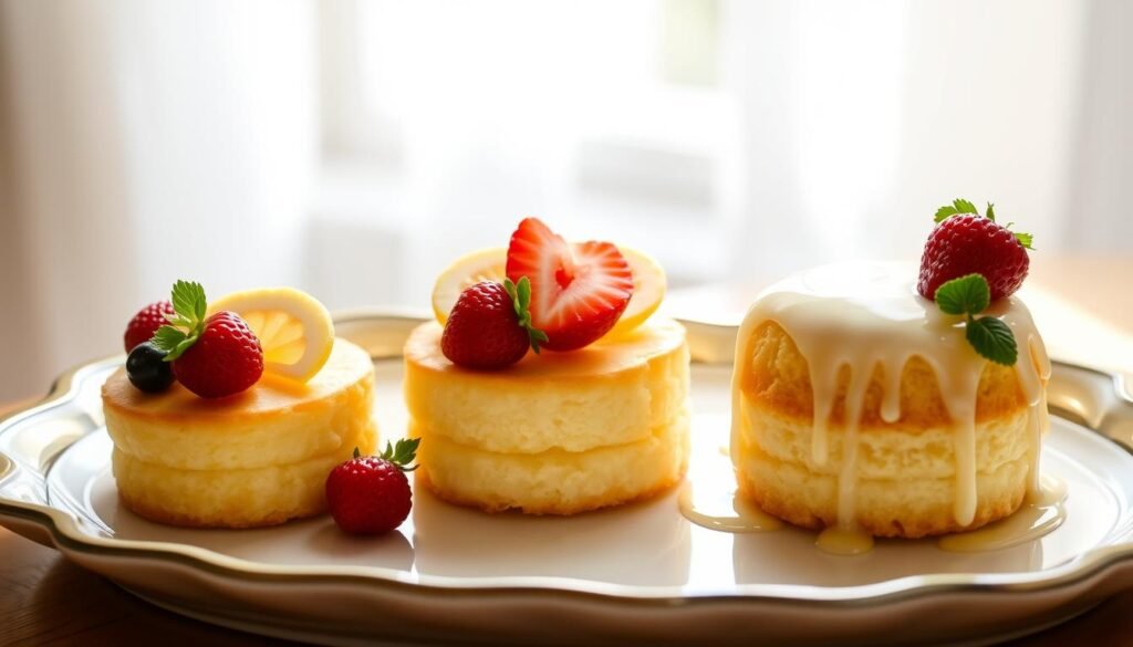 Three mini lemon strawberry cakes with different decorative styles