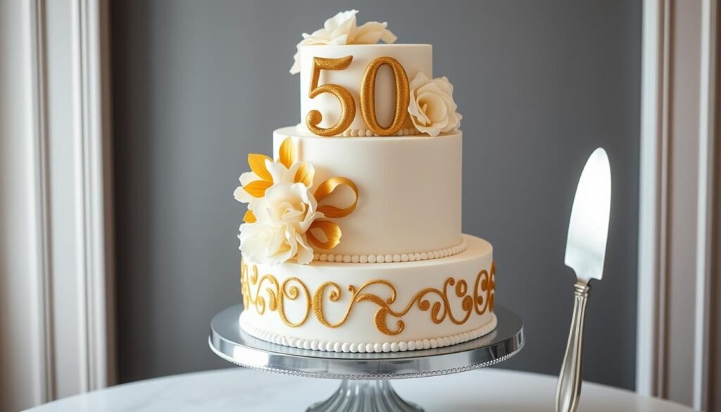 Three-tier 50th birthday cake suitable for a large celebration Three-tier 50th birthday cake suitable for a large celebration