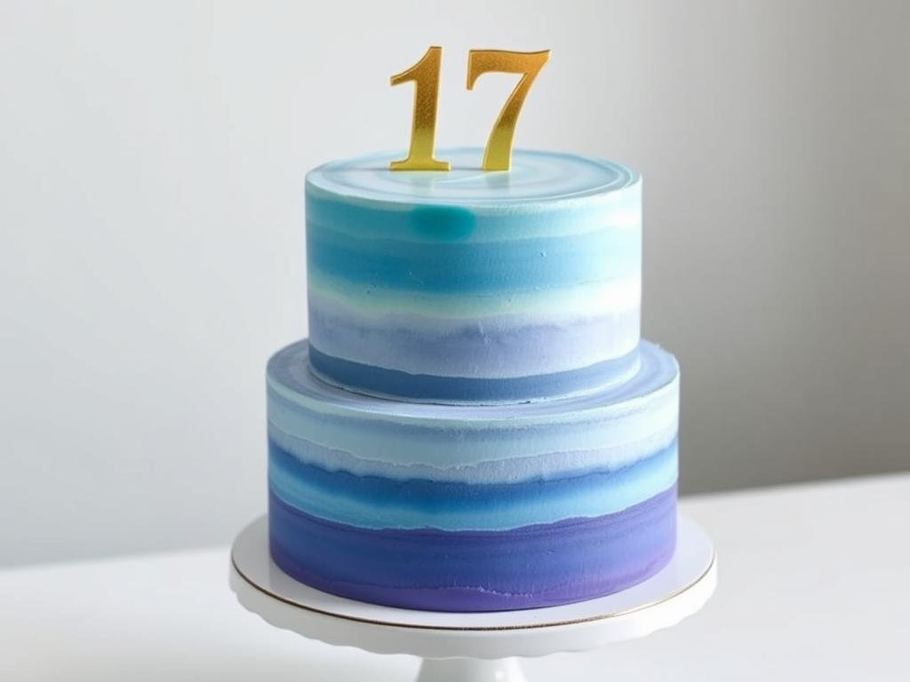 Three-tier watercolor ombre cake in blue and purple hues with gold number 17 topper Three-tier watercolor ombre cake in blue and purple hues with gold number 17 topper