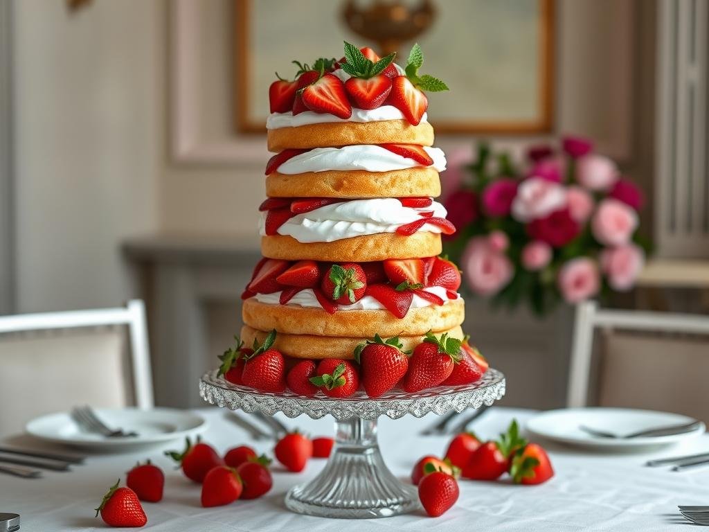 Three-tiered strawberry shortcake centerpiece with cascading fresh strawberries and mint garnish
