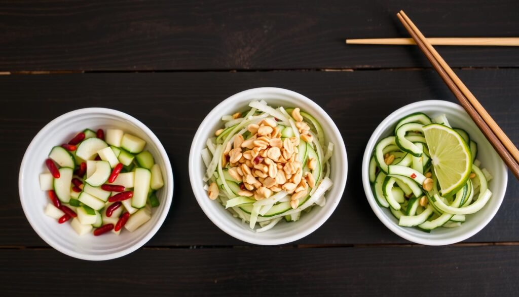 Three variations of Asian cucumber salad displayed side by side in small bowls, showing different garnishes and ingredients