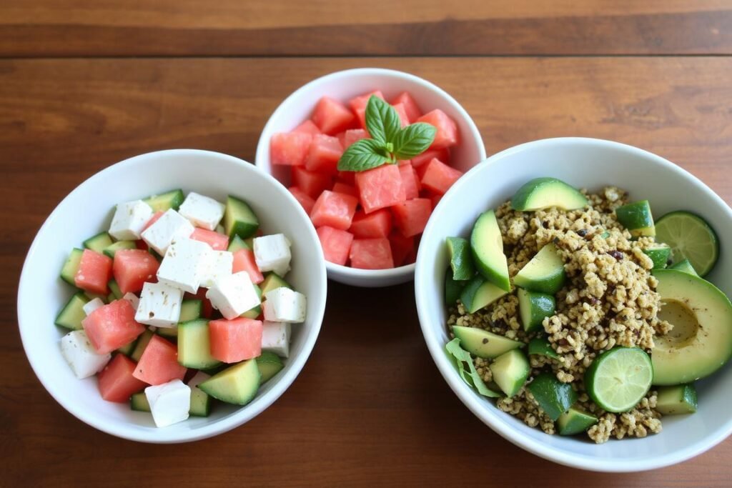 Three variations of Greek cucumber salad in separate bowls showing different ingredients and presentations