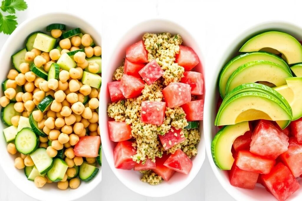 Three variations of Mediterranean cucumber salad in separate bowls Three variations of Mediterranean cucumber salad in separate bowls