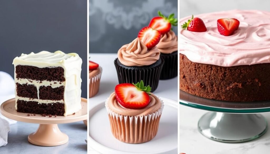 Three variations of chocolate strawberry cake side by side