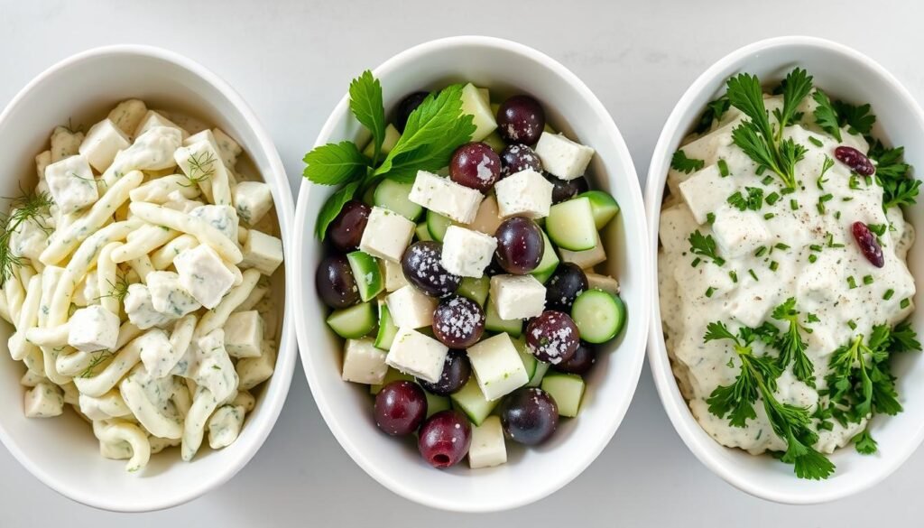 Three variations of creamy cucumber salad in separate bowls - classic, Greek-inspired, and herb-loaded