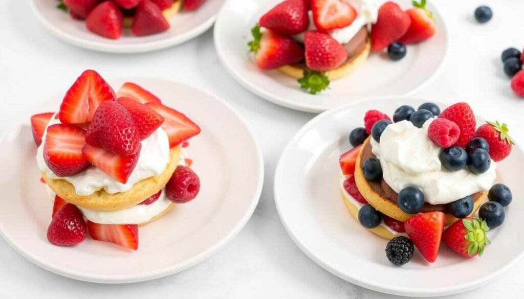 Three variations of gluten free strawberry shortcake side by side