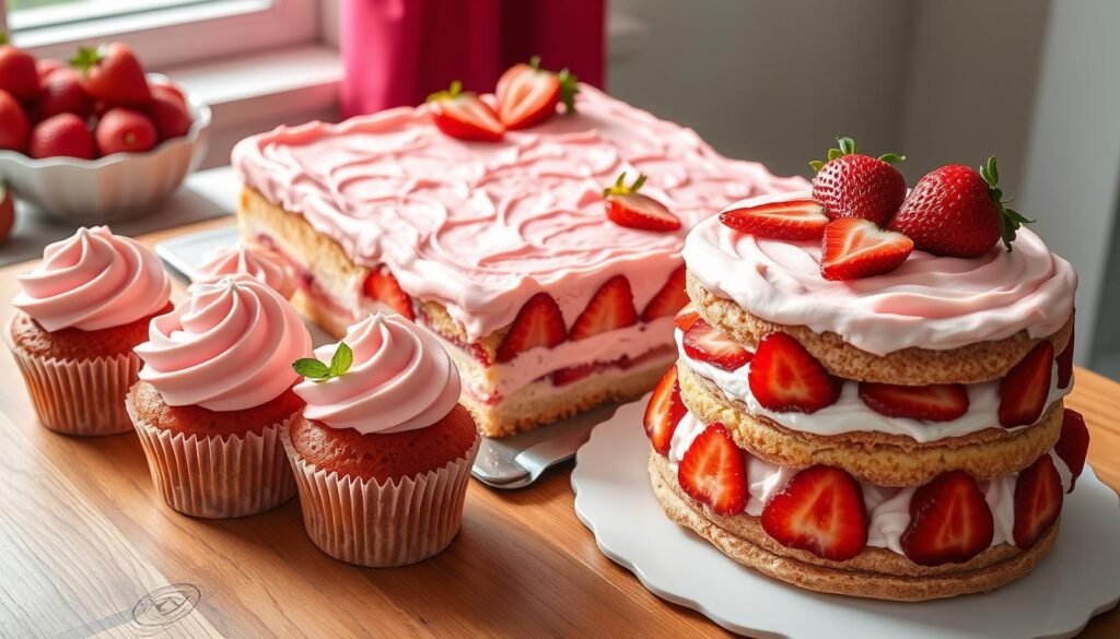 Three variations of homemade strawberry cake: cupcakes, sheet cake, and layer cake