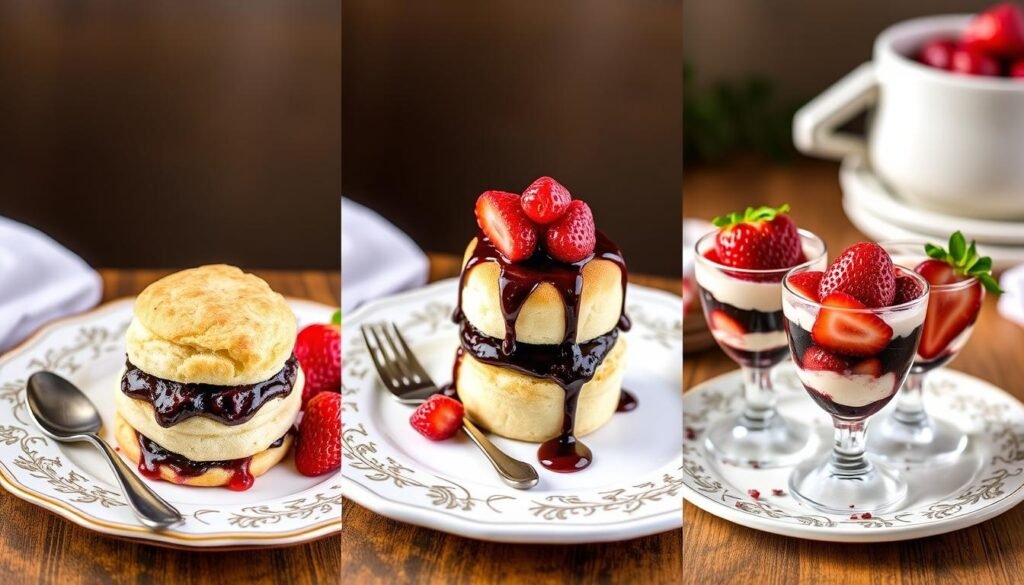 Three variations of plum pudding strawberry shortcake