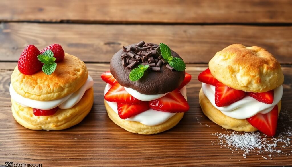 Three variations of strawberry shortcake: classic, chocolate, and gluten-free versions