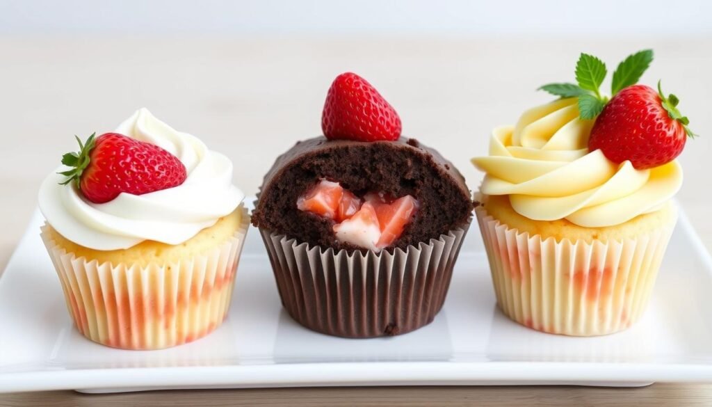 Three variations of strawberry shortcake cupcakes side by side Three variations of strawberry shortcake cupcakes side by side
