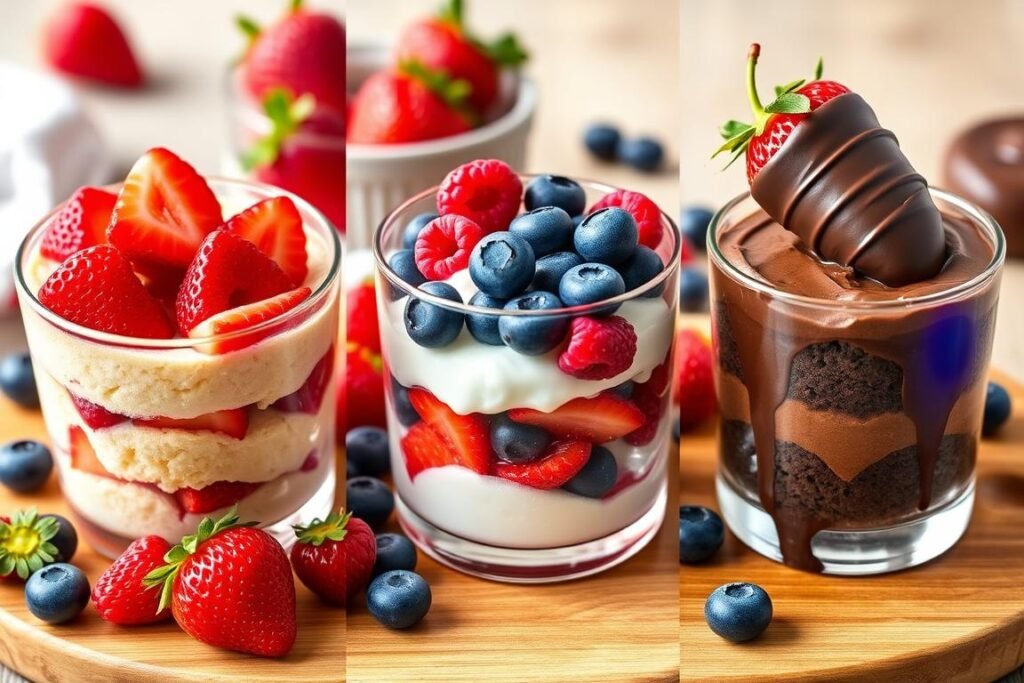 Three variations of strawberry shortcake cups showing different flavor combinations Three variations of strawberry shortcake cups showing different flavor combinations