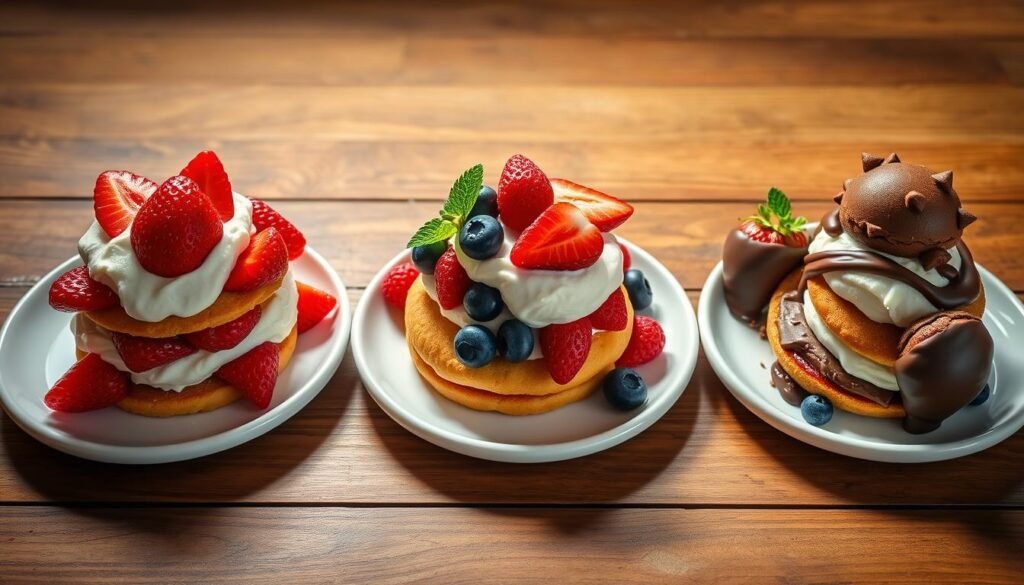 Three variations of strawberry shortcake showing different styles and ingredients