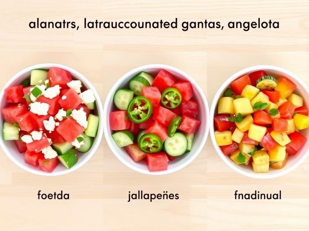 Three variations of watermelon cucumber salad side by side showing different ingredient combinations