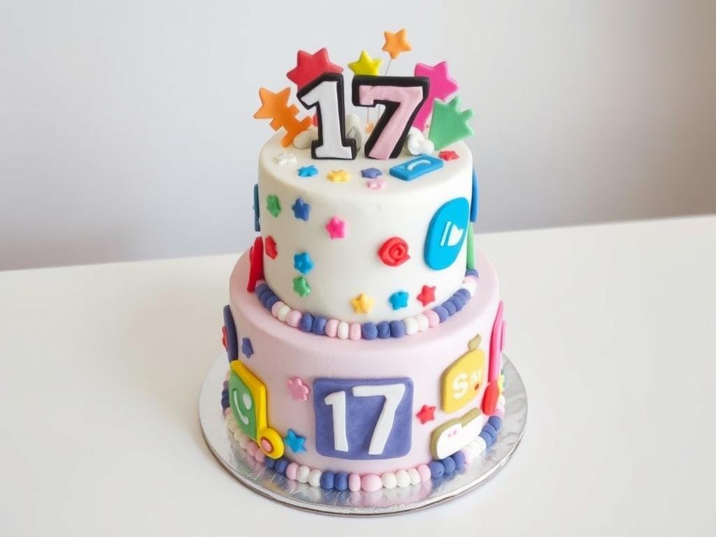 TikTok, Instagram, or Snapchat themed cake with social media elements and 17 decorations