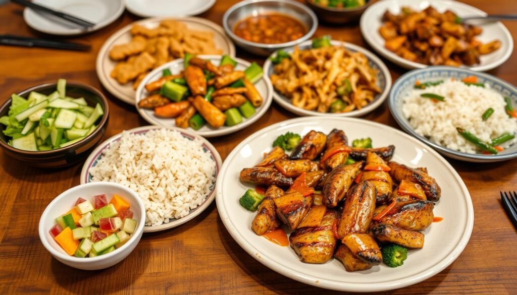 TikTok cucumber salad served alongside complementary Asian dishes