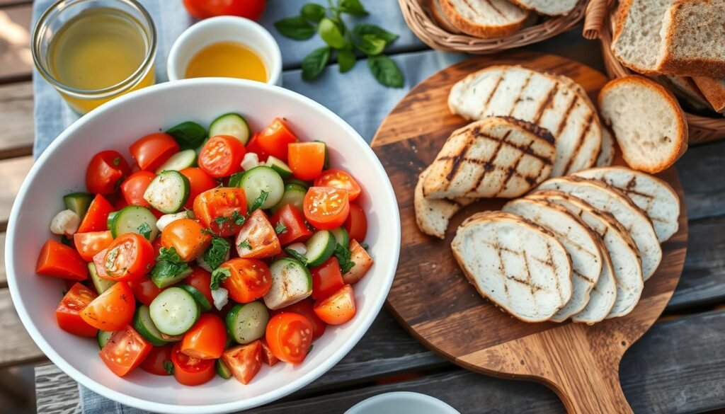Tomato and cucumber salad served alongside grilled chicken and crusty bread