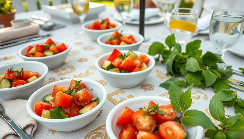Tomato and cucumber salad served in individual portions at an outdoor summer gathering