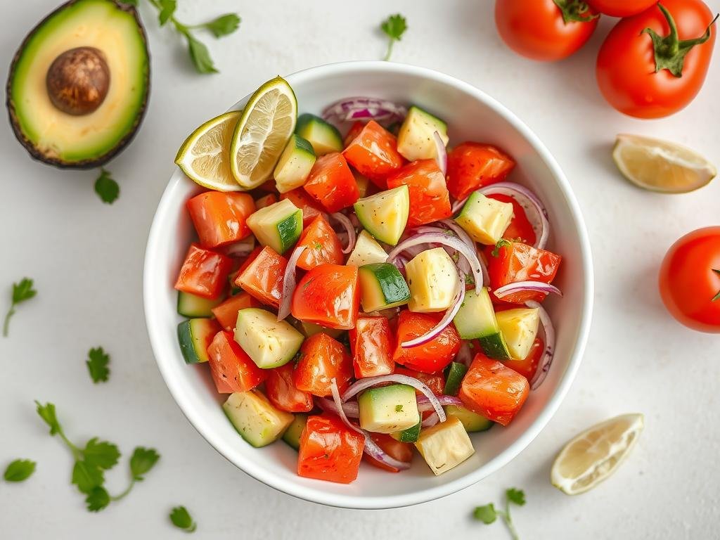 Tomato and cucumber salad with avocado chunks and lime wedges