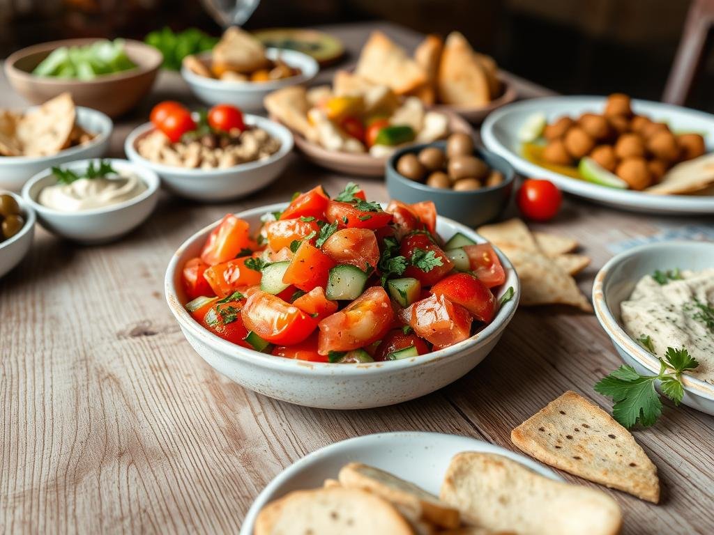 Tomato cucumber salad as part of a Mediterranean mezze spread