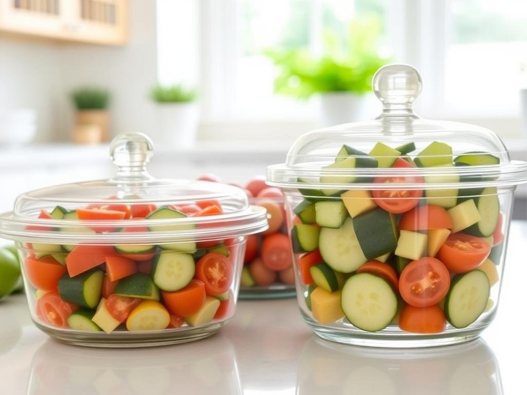 Tomato cucumber salad in glass storage containers