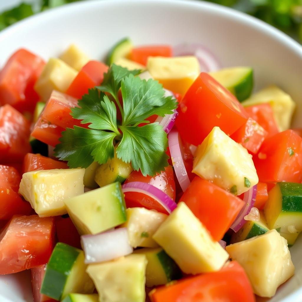 Tomato cucumber salad with avocado chunks
