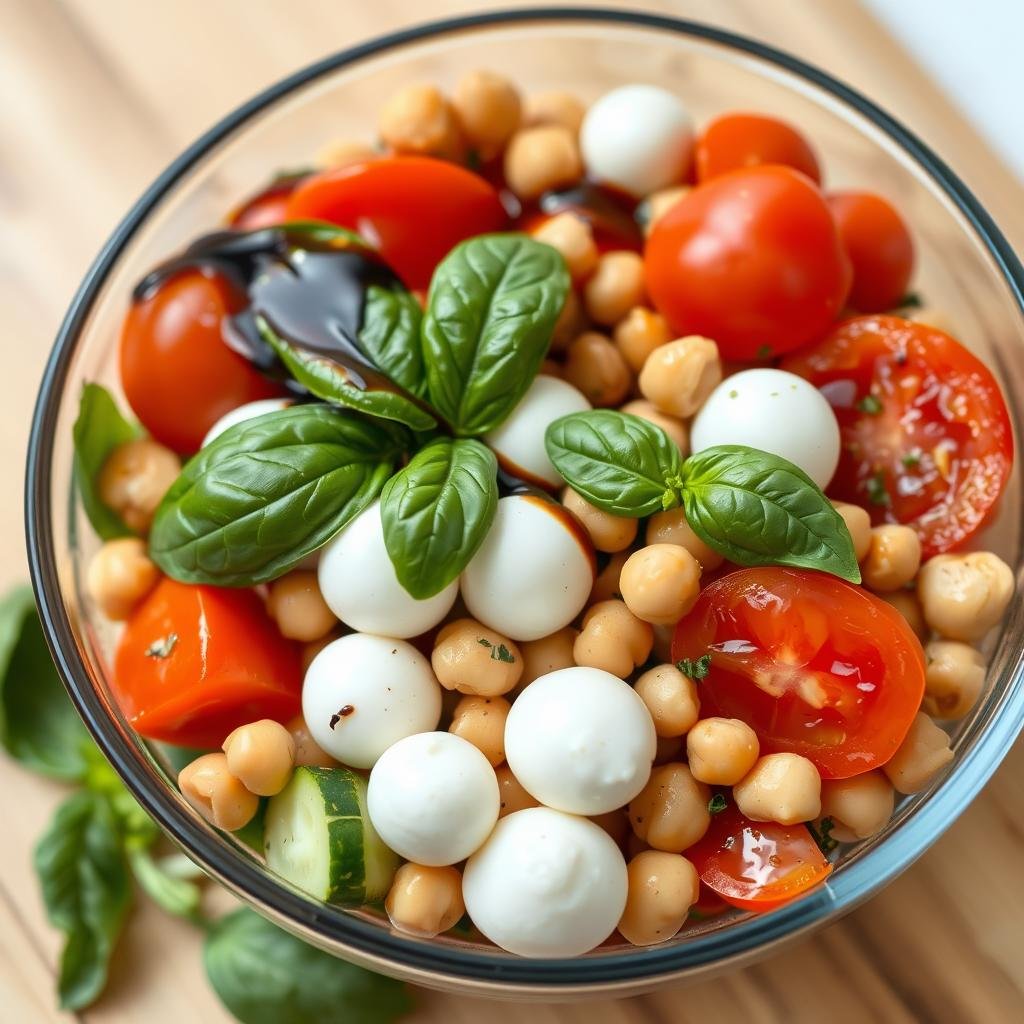 Tomato cucumber salad with mozzarella and chickpeas