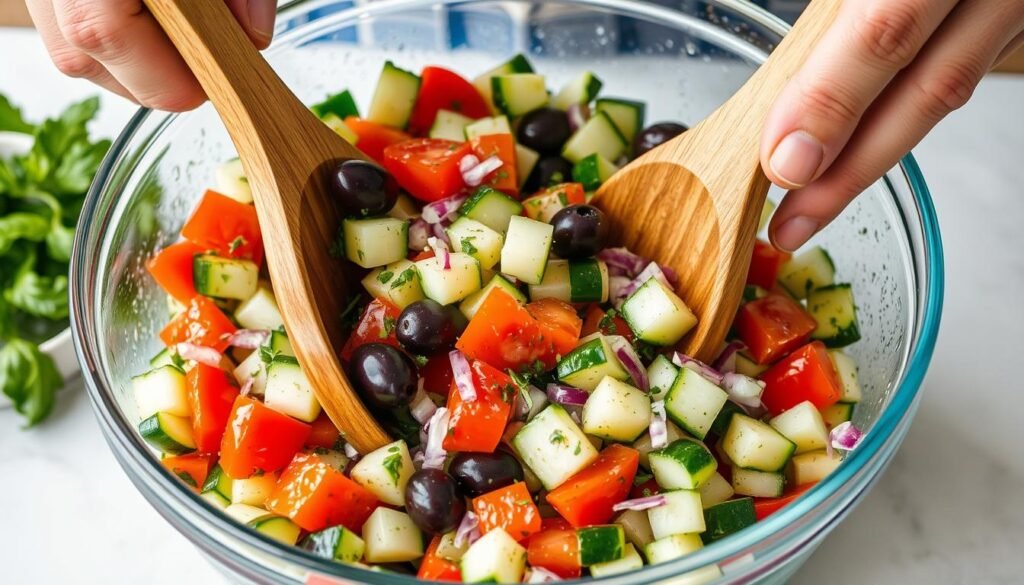 Tossing Mediterranean cucumber salad ingredients in a large glass bowl Tossing Mediterranean cucumber salad ingredients in a large glass bowl