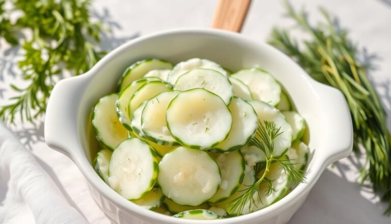 Traditional German cucumber salad (Gurkensalat) served in a white bowl with fresh dill garnish