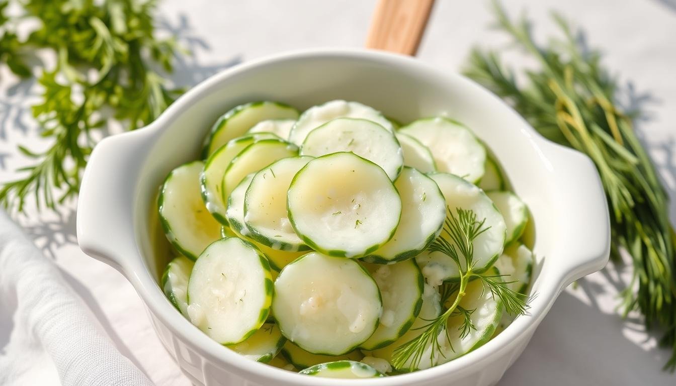 Traditional German cucumber salad (Gurkensalat) served in a white bowl with fresh dill garnish