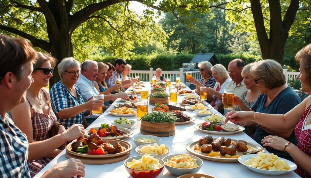 Traditional German summer garden party with cucumber salad being served