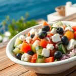 Traditional Greek cucumber salad served in a white bowl on a rustic wooden table with Mediterranean backdrop