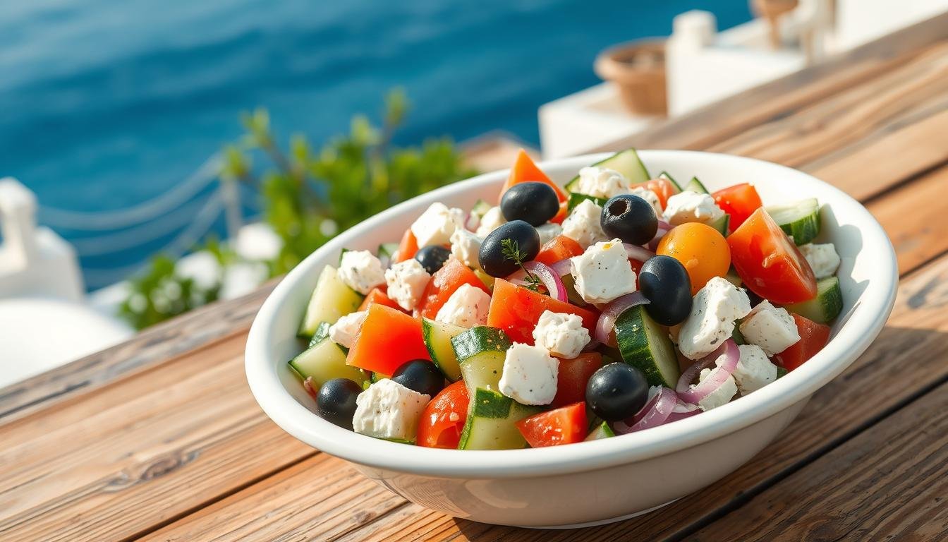 Traditional Greek cucumber salad served in a white bowl on a rustic wooden table with Mediterranean backdrop