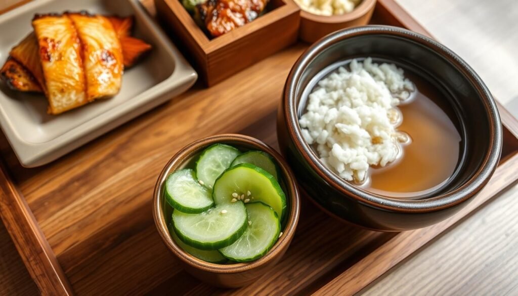 Traditional Japanese meal setting with cucumber salad served in a small bowl alongside other dishes