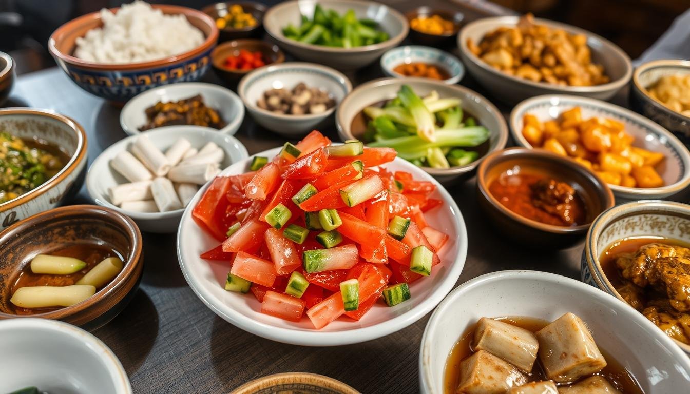 Traditional Korean table setting with various banchan dishes including korean cucumber salad