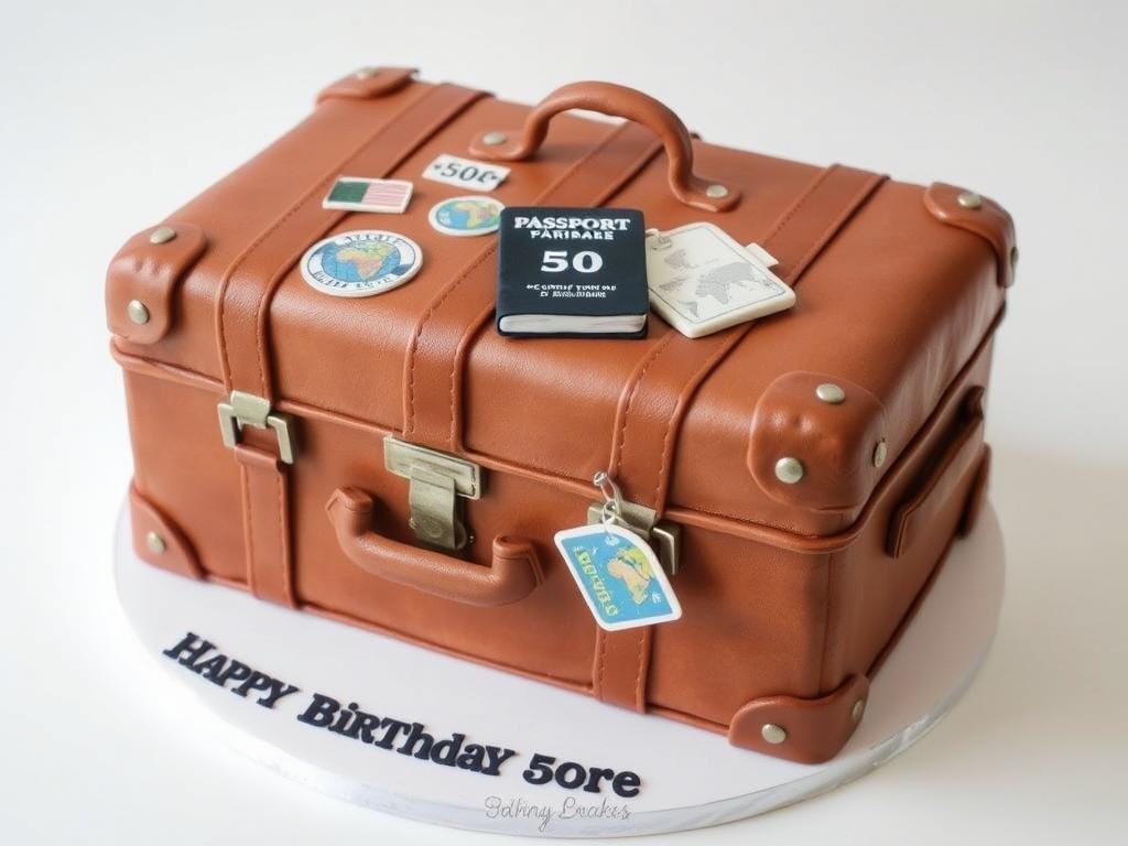 Travel-themed 50th birthday cake designed like a vintage suitcase with travel stickers and passport details Travel-themed 50th birthday cake designed like a vintage suitcase with travel stickers and passport details