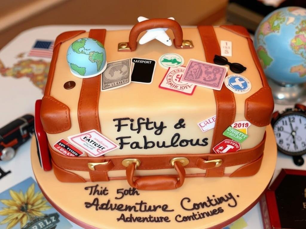 Travel-themed 50th birthday cake with fondant suitcase and world map decorations Travel-themed 50th birthday cake with fondant suitcase and world map decorations